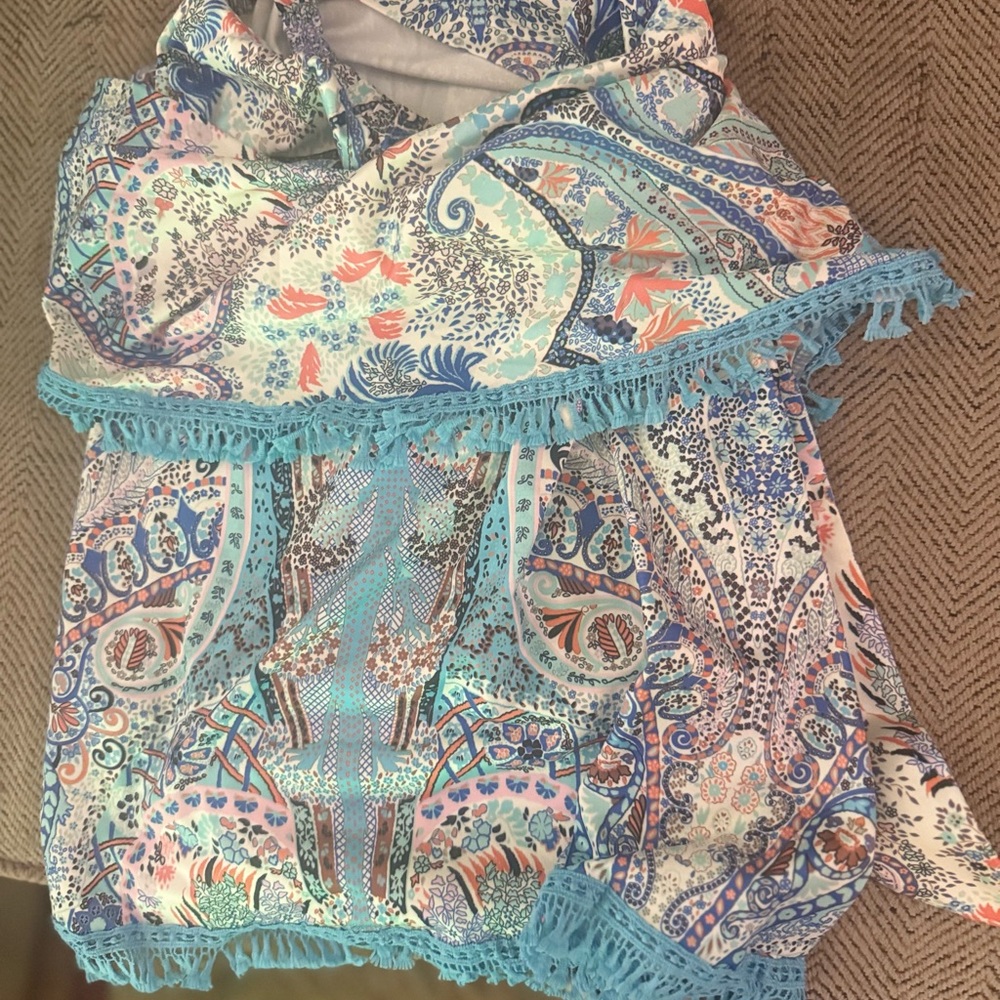 Boho Paisley Fringe Mini Skirt - Blue & Pink